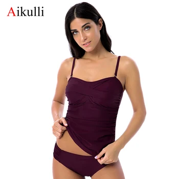 

Aikulli Two Piece Bathing Suit Women Swimsuit Tankini Set Swimming Suits Solid Swim wear Retro Bikini set Swimwear Vintage Cross