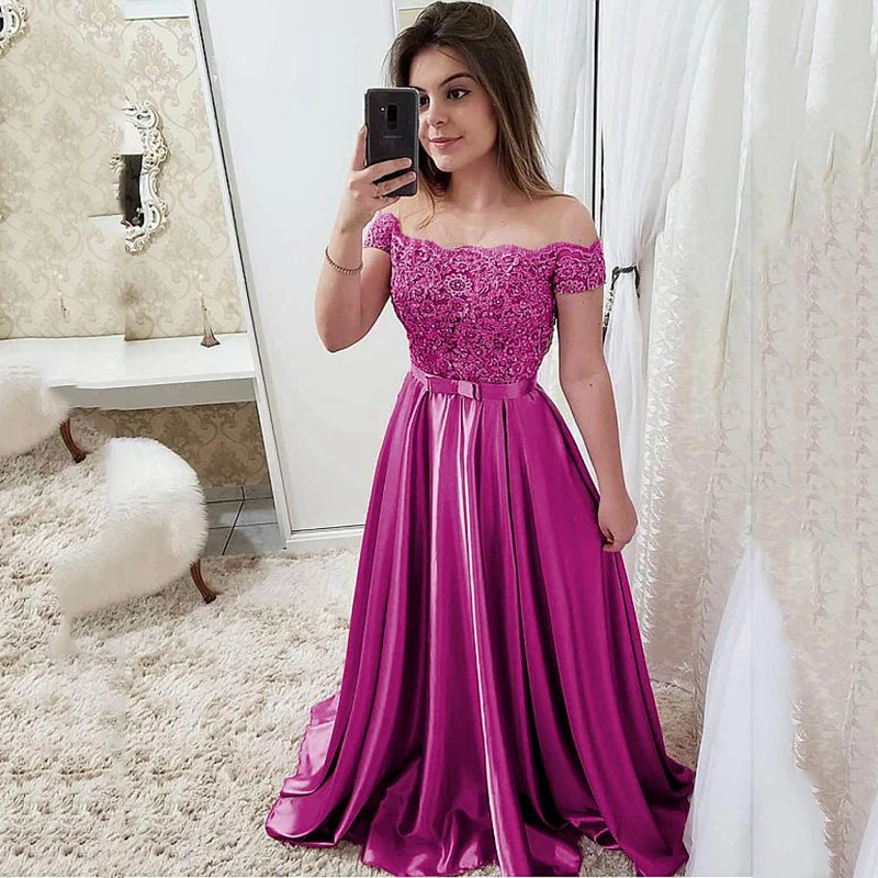 

A-line Evening Dresses With Beaded Lace Appliques Prom Dress Satin Off The Shoulder Celebrity Formal Dresses Evening 2019