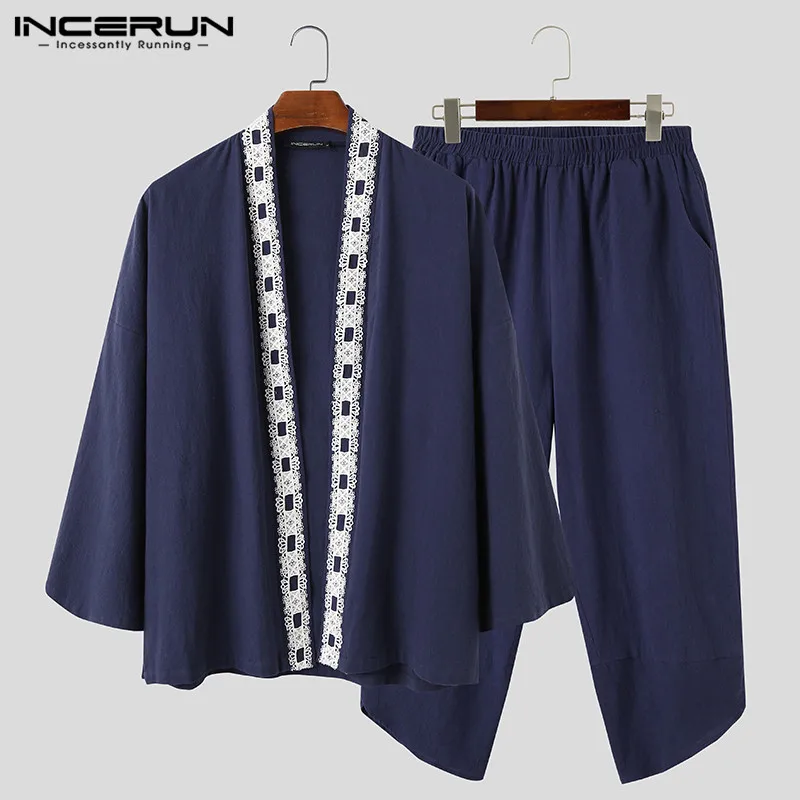 INCERUN Chinese Style Men Sets Lace Patchwork Long Sleeve Open Stitch Shirts Cardigan Casual Elastic Waist Pants Retro Men Suits INCERUN Chinese Style Men Sets Lace Patchwork Long Sleeve Open Stitch Shirts Cardigan Casual Elastic Waist Pants Retro Men Suits