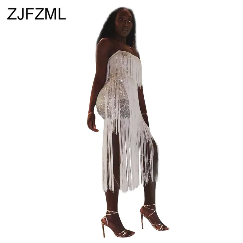 Сексуальное длинное платье с кисточками и блестками женское вечернее без