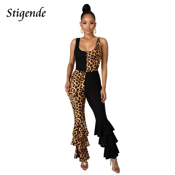 

Stigende Women Leopard Print Patchwork Jumpsuit Cascading Ruffle Sexy Backless Jumpsuit Bodycon Sleeveless Flare Leg Jumpsuit