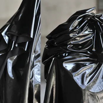 

Brilliant Black Synthetic Pu Leather Fabric Stretch Knitted Fabric Super Black,not Very Stretchy Fabric!by the Meter