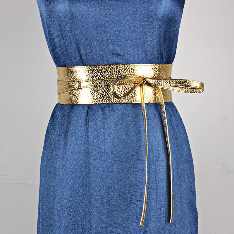 Spring Autumn Women Belt for Dress Fashion Metallic Color Soft Faux Leather  Wide Belt Self Tie Wrap Waist Dress - AliExpress 200000297