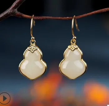 

2pairs/lots wonderful high quality low price Natural jade gourd 925 silver high-end tassels lady's earrings 69n