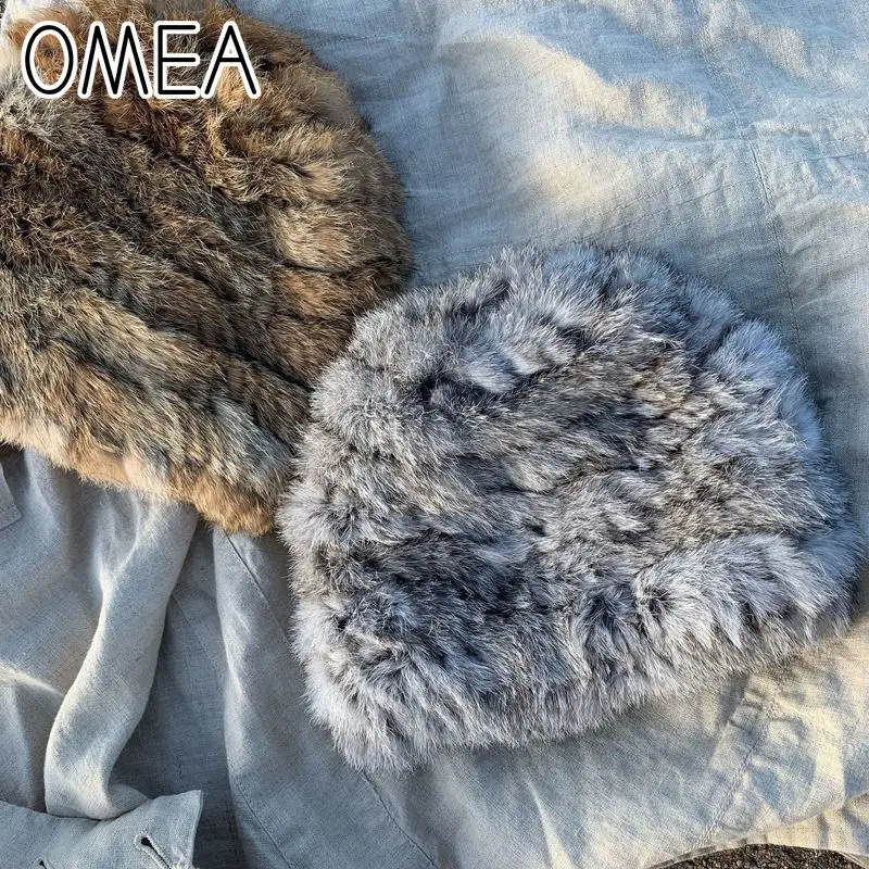 OMEA меховая шапка из натурального кролика, женские зимние аксессуары из ангорской кроличьей шерсти, теплая шапка-ушанка, вязаные зимние шапки для женщин, лыжный подарок