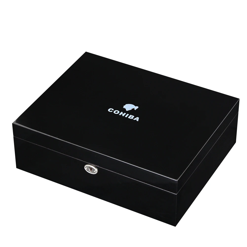COHIBA Черный кедр Деревянный сигары Humidor W/увлажнитель с гигрометром глянцевое пианино отделка деревянный хьюмидор сигары коробка подходит 40-50 портсигар чехол