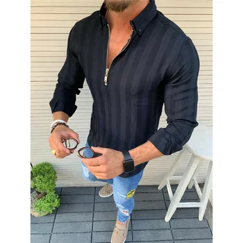 

Men Casual Shirts 2020 Autumn New Fashion Solid Color Man Long Sleeve Striped Slim Fit Casual Business Zipper Shirt Tops