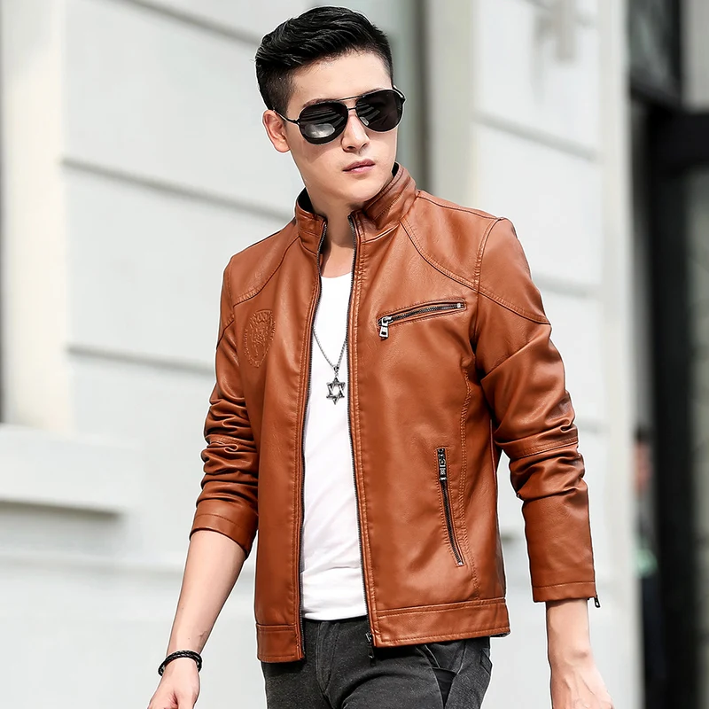 Мужская куртка из искусственной кожи брендовая одежда флисовая подставка для печати воротник молния повседневное Пальто мотоциклетная Мужская куртка; YA110 - Цвет: Brown