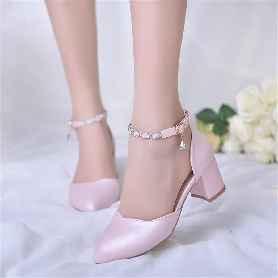 Pink Летние женские туфли-лодочки на высоком квадратном каблуке; цвет белый, розовый, черный; искусственная кожа; острый носок; D'Orsay; повседневные свадебные туфли; Ремешок на лодыжку с кристаллами; женская обувь - Цвет: Pink