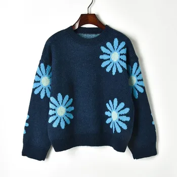 

2018 Women Contrast Color Sun Flower Sweater Female Autumn O-neck Long Sleeve Loose Jacquard Knit Sweater Winter Cute Pullovers