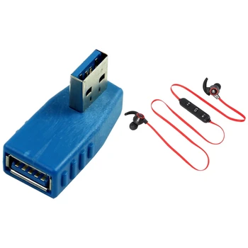 

Blue Vertical Left Angled 90 Degree USB 3.0 Male to a Female Adapter Converter with Sports Wireless Bluetooth Headset