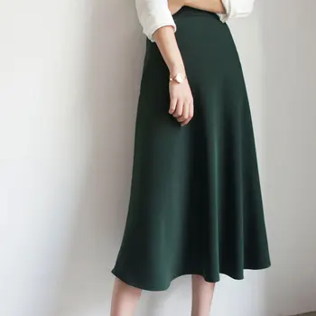 

Spring Autumn Women Satin Silk Skirt Elegant Solid Color High Waist Loose Women Office Lady Green Skirts Womens Long Skirt