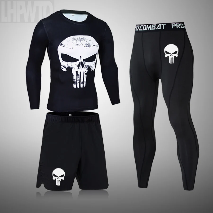 Fitness Training Clothes 3D Skull Thermal Underwear Compression Men's Suit Sports Running Clothes Warm Base Layer 3XL 2