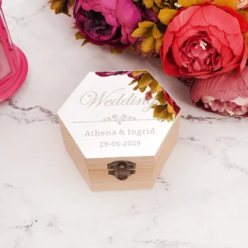 

Wedding Party Custom Acrylic Mirror Cover Hexagon Wooden Candy Box Personalized Anniversary Gift Box Holder With Buckle