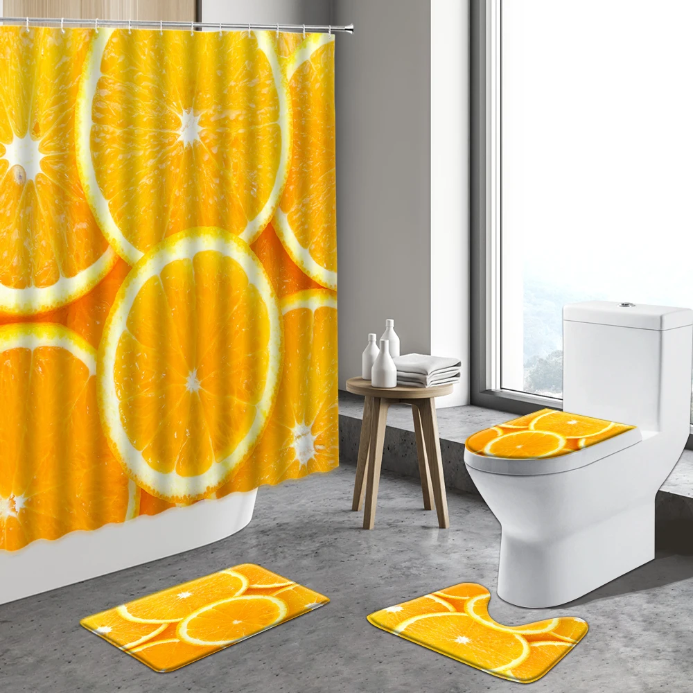 

4pcst Tropical Fruits Shower Curtains Orange Lemon Watermelon Strawberry Anti-Slip Rug Bath Mat Bathroom Toilet Decor Set Carpet