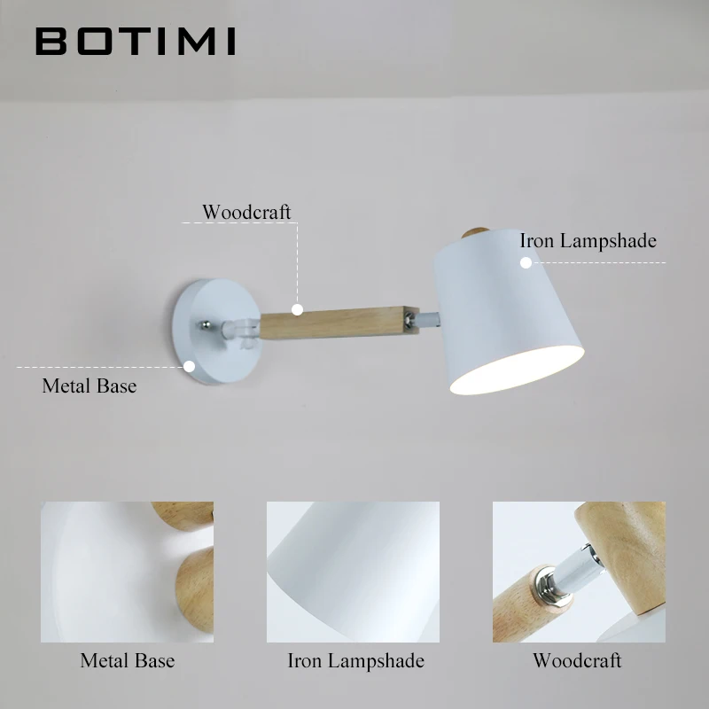 Современный светодиодный настенный светильник BOTIMI с металлическим абажуром для спальни, деревянные настенные бра для чтения, регулируемые прикроватные светильники
