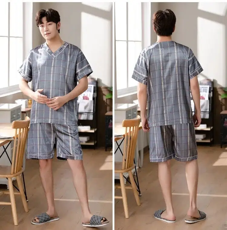 mens sleep wear Men Satin Silk Pajamas Set for Men Short Sleeve V-Neck Summer Casual Sleepwear Pyjama Male Homewear Lounge Wear Clothes cotton short pyjamas