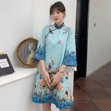 

Ins Red Blue Loose 2021 New Fashion Modern Chinese Cheongsam A-line Dress Women 3/4 Sleeve Qipao Traditional Chinese Clothes