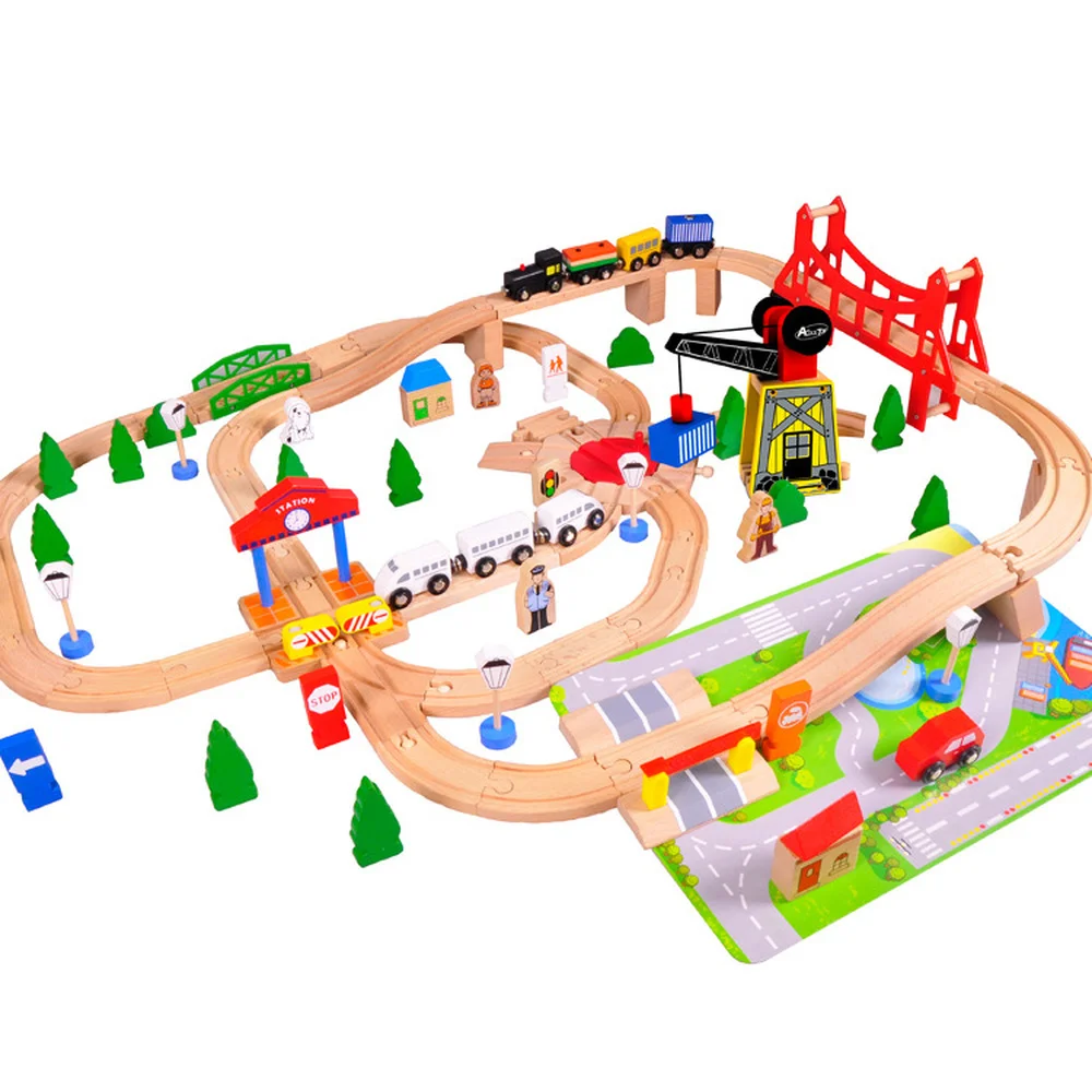 

100pcs/Set Wooden Electric Tracks Train Magicl Railway Circuit car Automatic Tracking wooden parking lot toy set for children