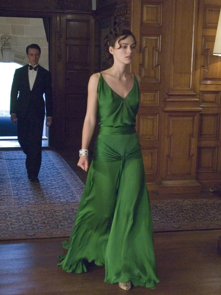 Atonement Green Skirt V-Neck Retro Thin Suspender Dress Vacation