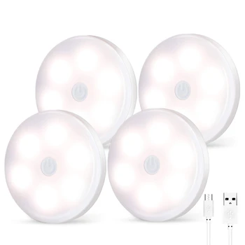 

New Version - Usb Rechargeable Led Puck Lights 4 Pack - Wireless Under Cabinet Lighting, Press Dimming Night Light, Under Counte