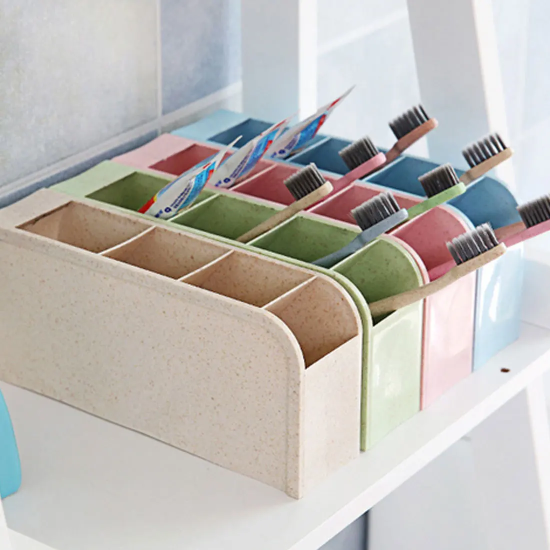 Wheat Straw Four Compartment Storage Box Pen Holder Office School Storage Case Desktop Finishing Storage Rack