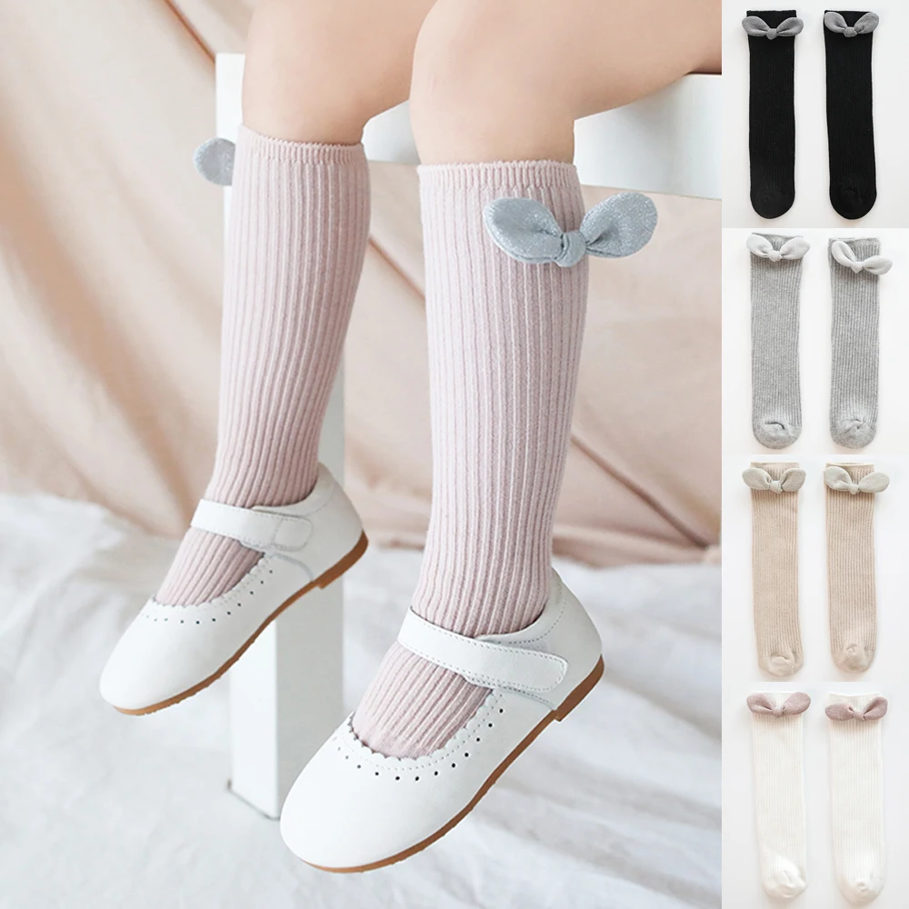 Хлопковые носки для новорожденных однотонные Гольфы с бантом для маленьких мальчиков и девочек Теплые детские носки на осень и зиму