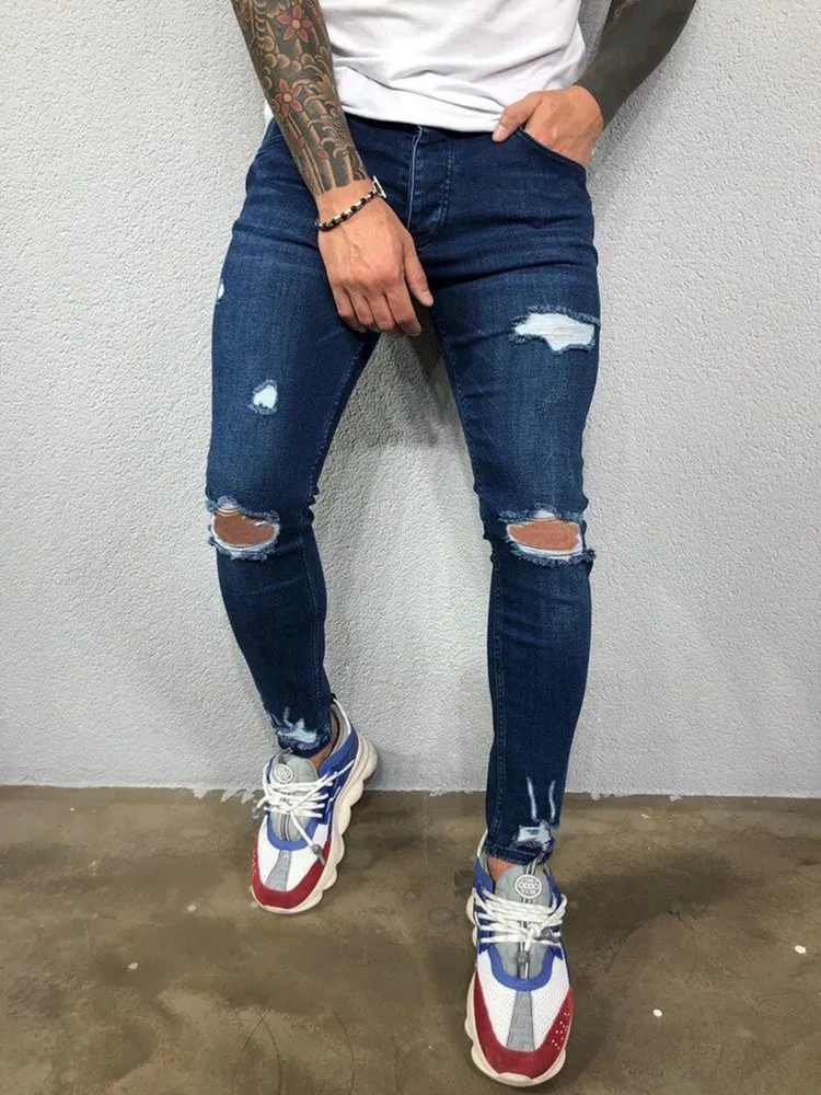 New Hot Style Fashion jeans for European men 2020 are torn  holes and elastic feet
