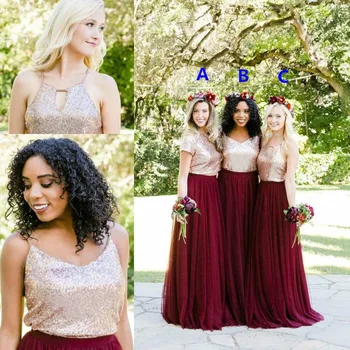

Summer Spring Bridesmaid Dress Rose Gold Sequins Burgundy Country Garden Wedding Party Guest Maid of Honor Gown Plus Size