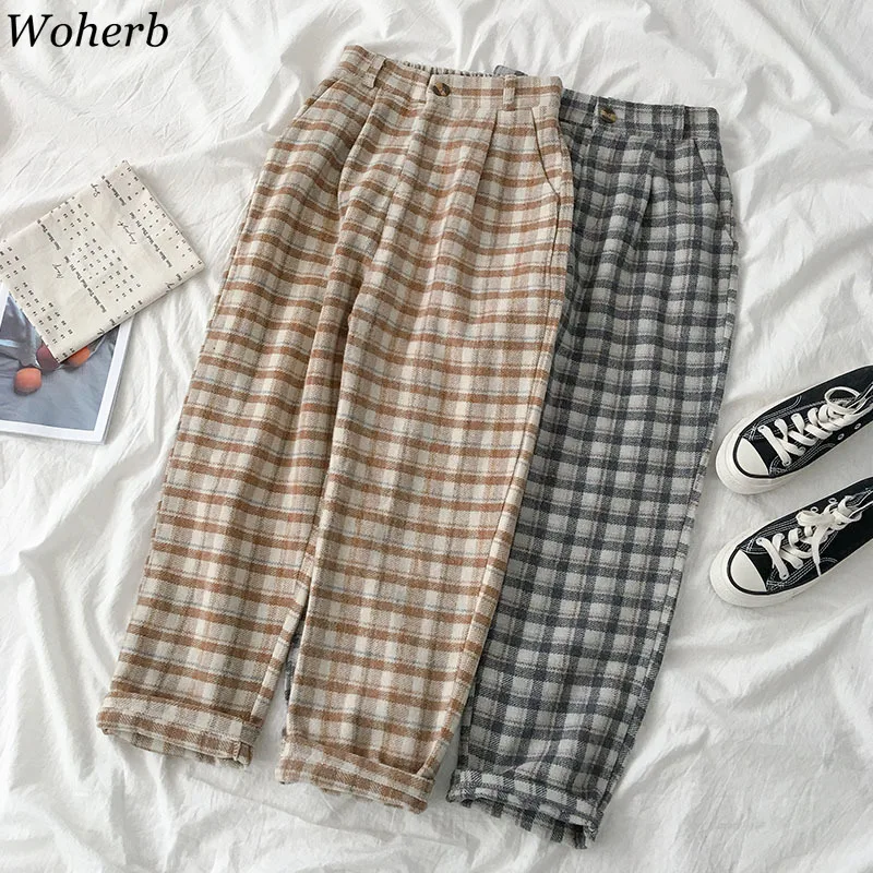 Woherb женские милые японские Harajuku повседневные свободные клетчатые широкие брюки женские брюки Kawaii Ulzzang винтажные Капри для женщин