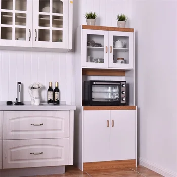

Tall Shelves Microwave Cart Stand Kitchen Storage Cabinet White Kitchen Cabinet Glass and Wood Plate Kitchen Furniture HW56197