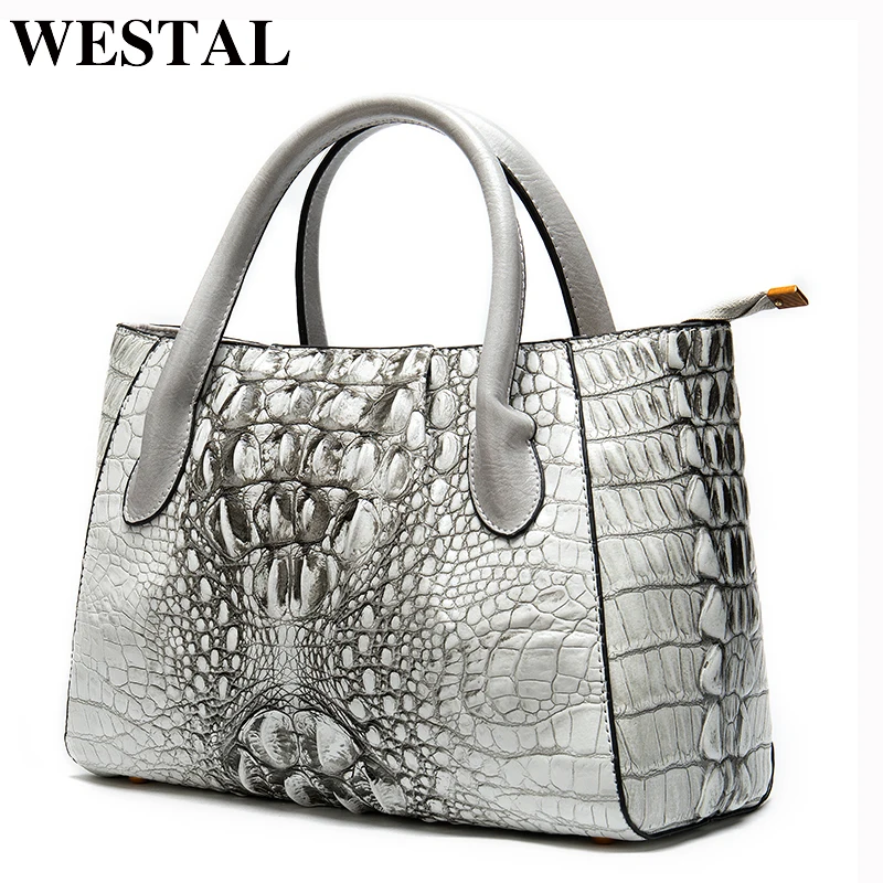 WESTAL Womens Genuine Leather Handbags Luxury Handbags Women Bags Designer Alligator top-handle Bags Messenger Bag Women Leather