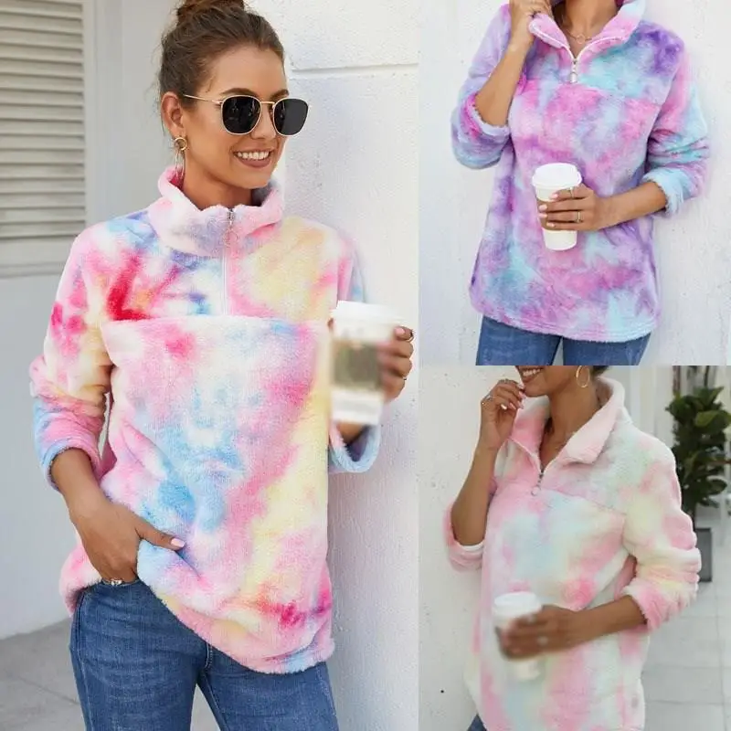 Пушистые толстовки на молнии с принтом «Tie Dye», радужные флисовые толстовки на молнии с отворотами, женские зимние модные облегающие пуловеры, пушистые наряды