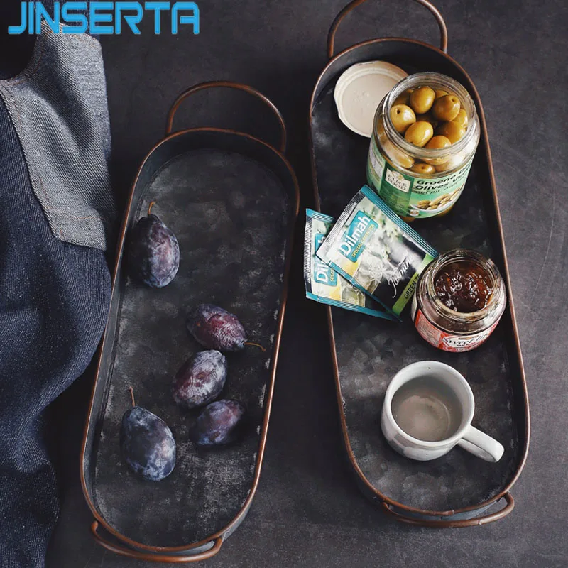 

JINSERTA Rectangular Antique Iron Serving Trays Retro Metal Storage Sundries Tray Breakfast Bread Cake Snack Plate with Handle