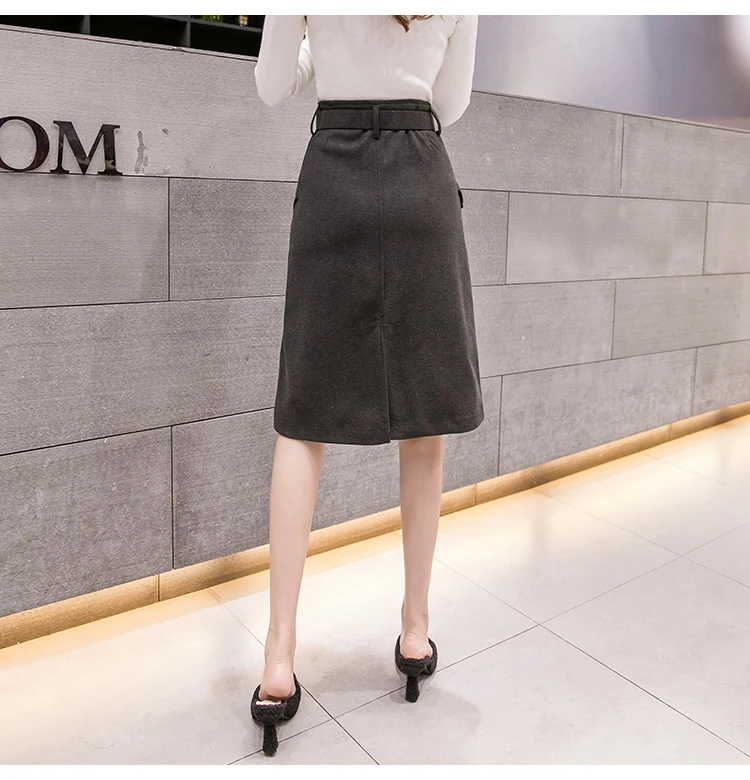 Trytree Autumn Winter Woman Casual Skirt Belt Pockets Fashion Skirt Solid 3 Colors Skirts A-Line Knee-Length Office Lady Skirt