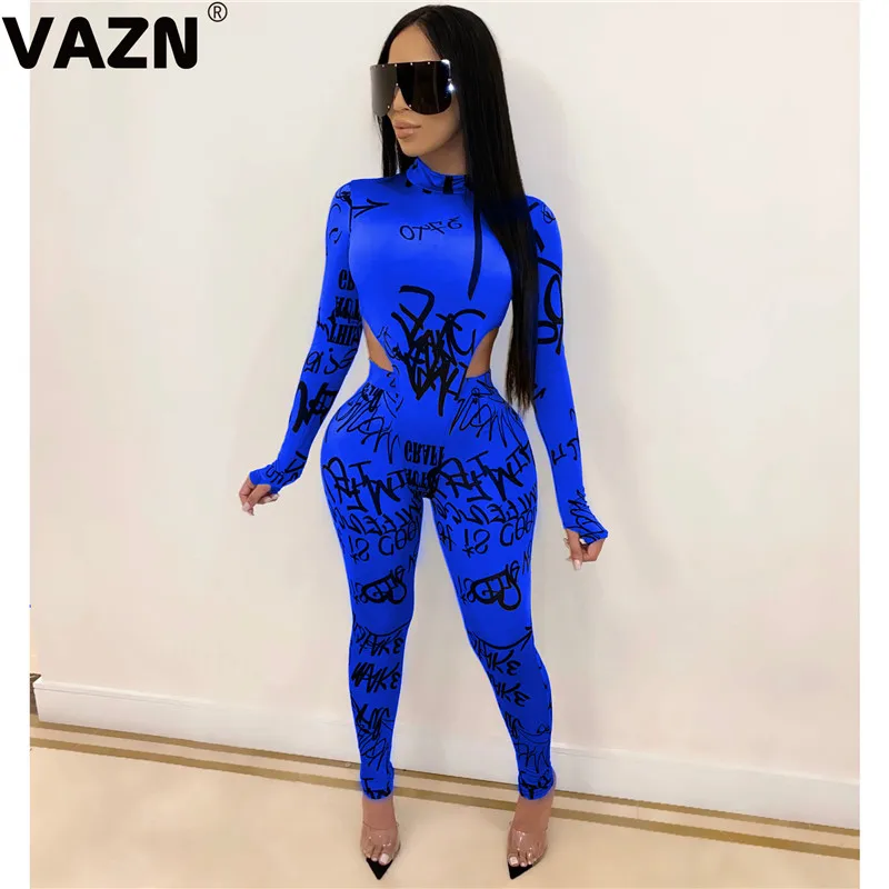 Синий VAZN, топ, прозрачные, сексуальные, Клубные, открытые, 1 шт, полный рукав, боди, 1 шт, длинные штаны, тонкие, для женщин, 2 шт, набор - Цвет: Синий