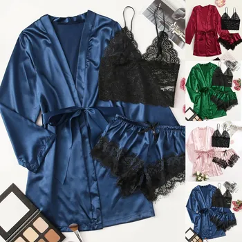

Women Sexy Satin Silk Pajamas Lingerie 3-Piece Set Lace Bowknot V- Neck Bra Shorts Robes Underwear 30% Off комплект пижамы