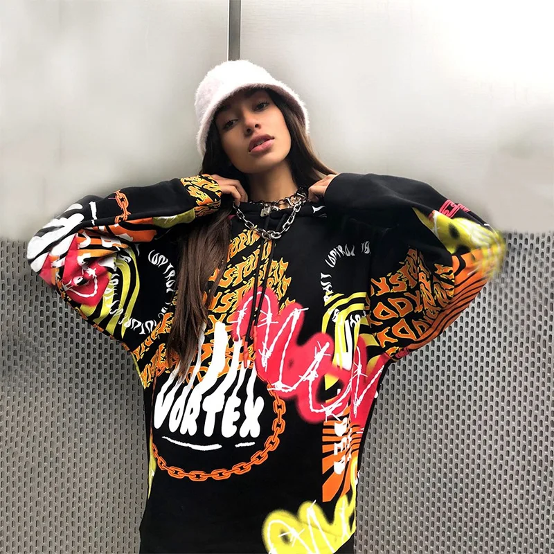 BOOFEENAA граффити камуфляж печати толстовки женские хип-хоп Уличная одежда графические толстовки пуловер негабаритных толстовка осень зима C70AG87 - Цвет: Черный
