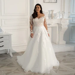 Fulle Sleeve Strapless Plus Size White Wedding Dresses for Brida Floor-Length A-Line Applique Bridal Gowns Court Train Button