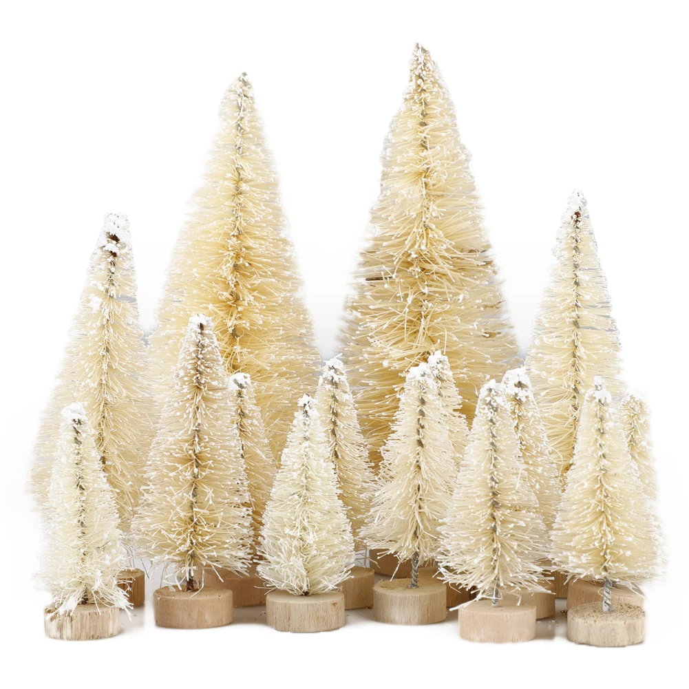 B 49 Pcs Winter Snow Ornaments Tabletop Trees Decoration Multicolor Mini Pine Trees Frosted Sisal Trees with Wood Base Plastic - Цвет: B