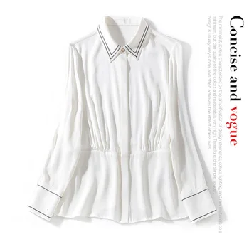 

New 2020 bump color embroidery long sleeved accept waist show thin lapels joker silk satin shirt jacket female double Joe