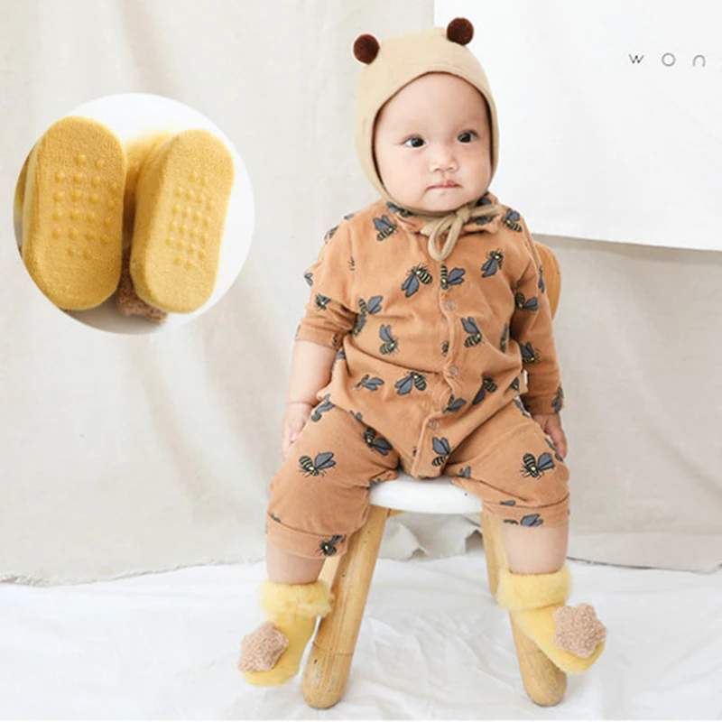 Cute Baby Socks Stereo Doll Socks Autumn Winter Mid Stocks Velvet Thickening Brush Furry Newborn Floor Socks 0-18 months