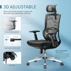 Chaise de bureau ergonomique en maille avec Support lombaire, siège de travail d'ordinateur pivotant avec accoudoir 3D, appui tête réglable 