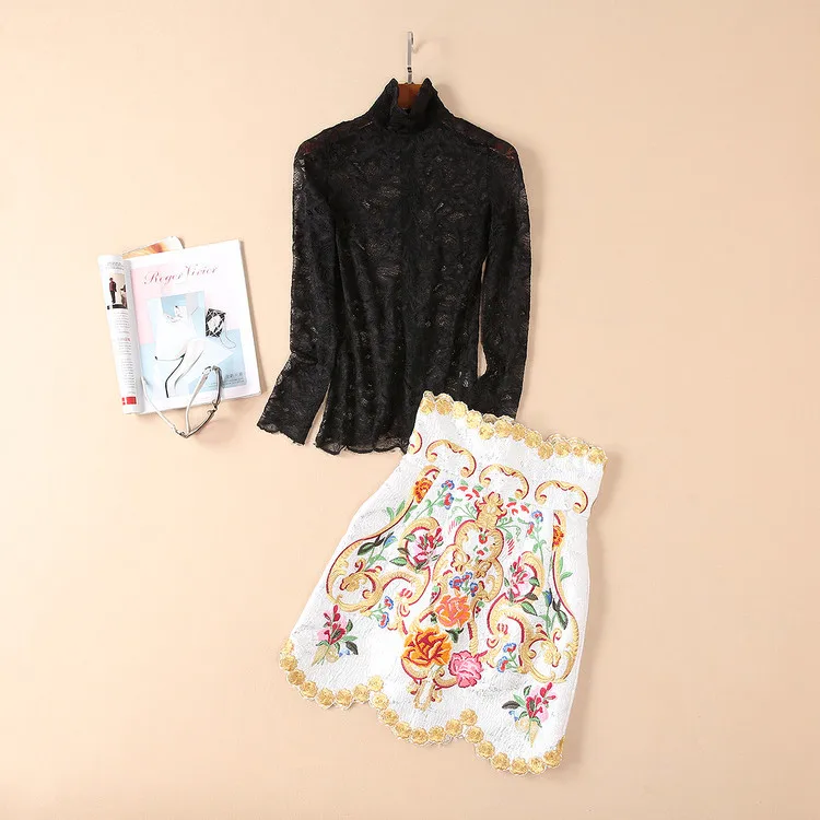 Осенняя и зимняя женская кружевная рубашка с высоким воротником и длинными рукавами+ Тяжелая юбка с вышивкой