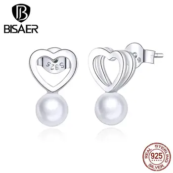 

Pearl Earrings BISAER Love Heart Polished Women Earrings studs 925 Sterling Silver Wedding Engagement Pearl Jewelry ECE869