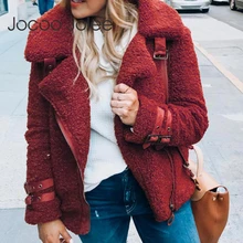 Jocoo Jolee, женское повседневное плюшевое пальто, Женское зимнее плюшевое пальто, теплое меховое пальто из искусственного меха, мотоциклетная куртка на молнии с поясом, парка, верхняя одежда