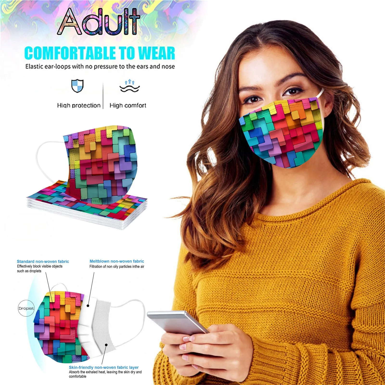 50pcs Adult Disposable Face Masks 3 Layer Breathable Mask