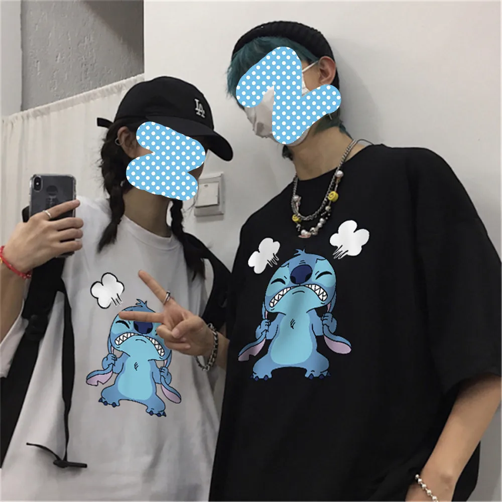 Summer Women Lio Stitch T-shirts Tops Disney Ohana Cartoon Casual T-shirts Harajuku Men Female Tees Short Sleeve O-neck T-shirts