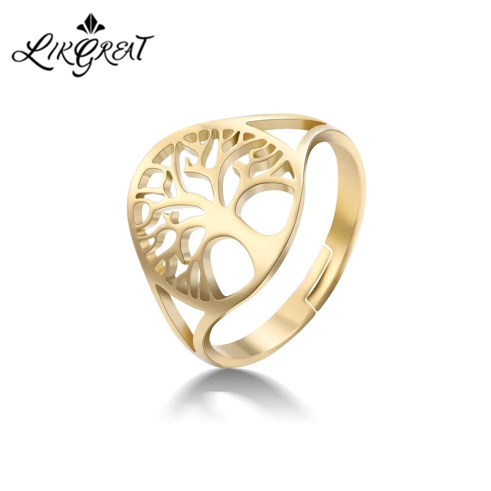 LIKGREAT Hollow Tree of Life Ring for Women Men Gold Silver Color Stainless Steel Adjustable Rings Fashion Jewelry Accessories | Украшения