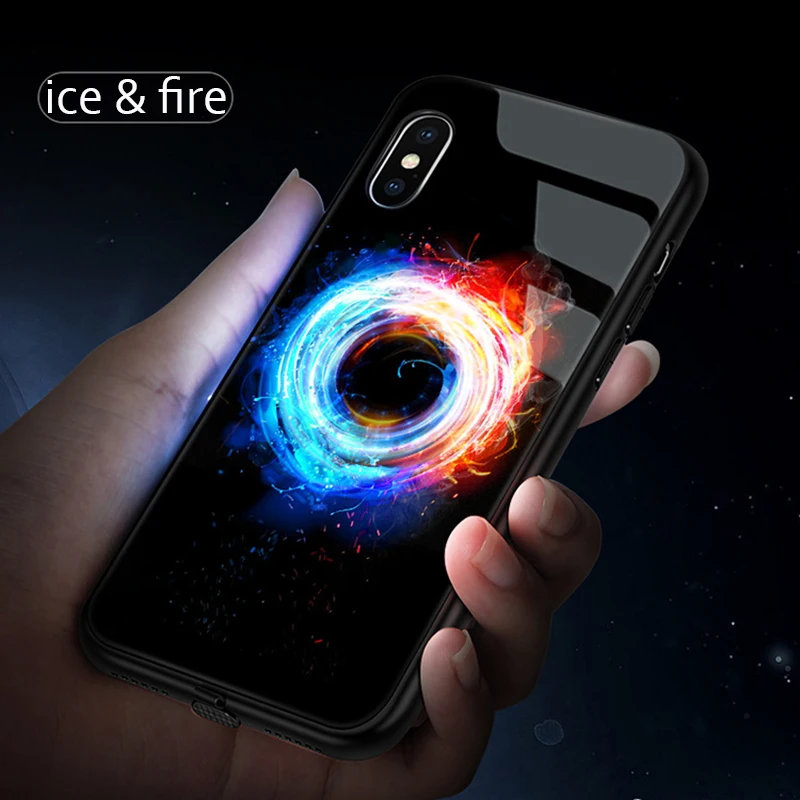 Чехол с голосовым управлением для iPhone 11 Pro Max XR XS Max, чехол с функцией вызова, светильник со вспышкой, стеклянный чехол для iPhone 7, 8, 6, 6 s Plus, светящийся для девушек - Цвет: ice and fire